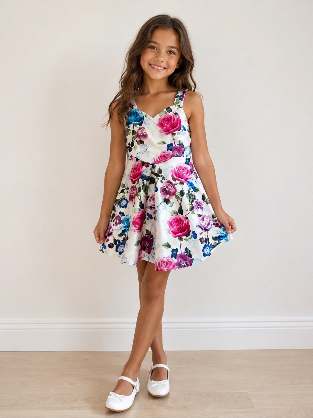 • Monsoon • Girls Formal Floral Rose Dress White, Pink, Blue, Green 4